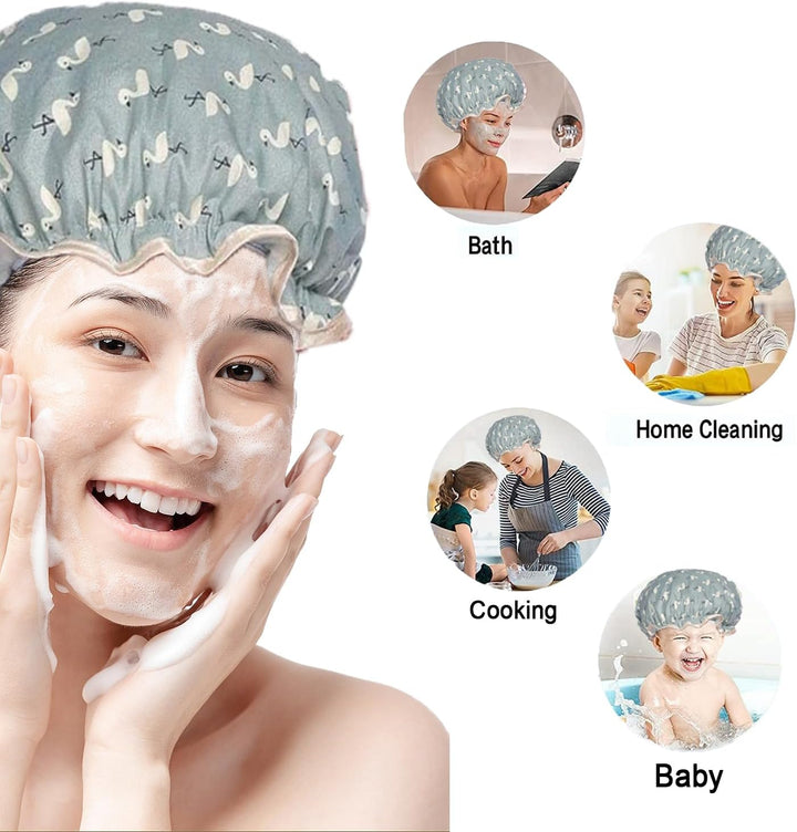 Double Layer Shower Cap for Women Waterproof Reusable Elastic Band, Ruffled Edges Covering Ears for Long, Short & Curly Hair (Blue Bird)