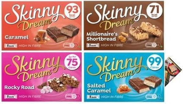 Skinny Dream Snack Bars Variety Pack, Salted Caramel, Millionaires Shortbread, Caramel, Rocky Road and Kitchenfella 14 Day Healthy Eating Challenge Postcard