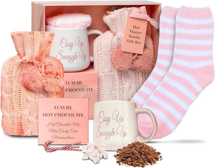 Hot Chocolate Gift Set with Mug | Small Hot Water Bottle with Cover | Fluffy Socks | Cosy Pink Ribbon Balls | Christmas Gifts for Women Her | Novelty Girls Ladies Xmas House Couple Home Mum Auntie (1)
