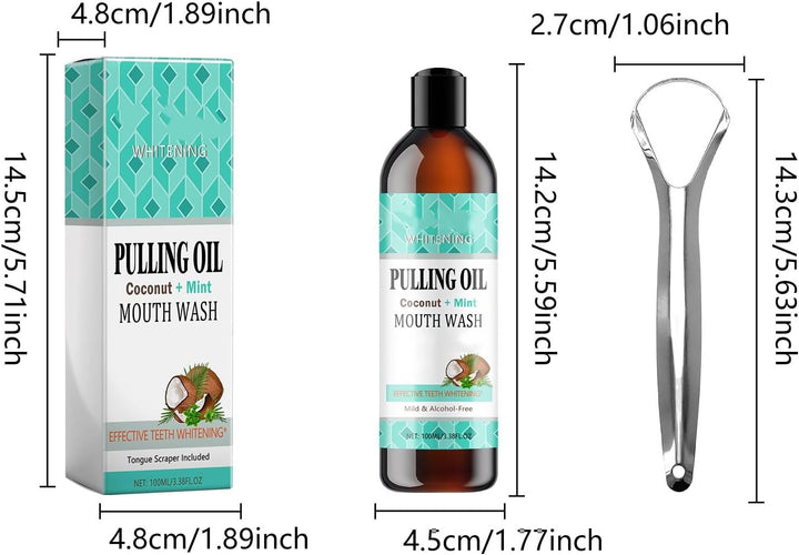 Whitening Mouthwash - Coconut Mint Extraction Oil for Stains and Gum Health | See before and after Results | Alcohol-Free Set with Tongue Scraper (100Ml)