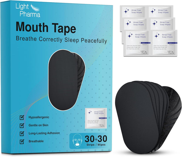 Mouth Tape for Sleeping, Sleep Mouth Tape for Snoring Prevention by Improving Nasal Breathing, Mouth Tape for Snoring with Rinse Free Soap Towelettes, Medical Grade | 30 + 30