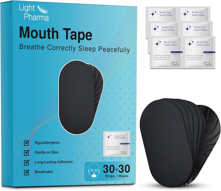 Mouth Tape for Sleeping, Sleep Mouth Tape for Snoring Prevention by Improving Nasal Breathing, Mouth Tape for Snoring with Rinse Free Soap Towelettes, Medical Grade | 30 + 30