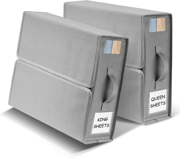 Bed Sheet Organiser Storage, Bedding Organiser Folder Box, Foldable Bedsheet Organiser Boxes Container for Linen Closet King Queen Size Sheet Duvet Cover Blanket Organisation with Zips, Grey, 2 Pack