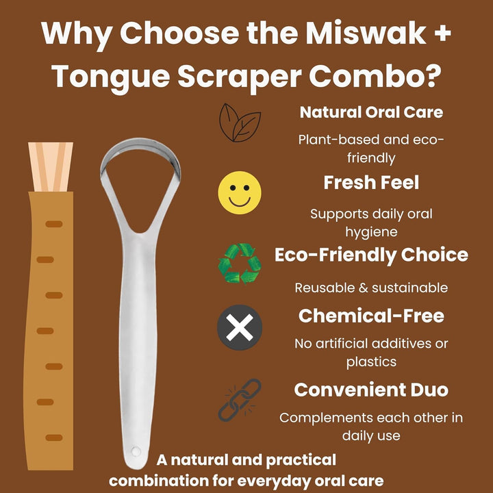 Miswak Stick Oral Care Kit – 2 Miswak with 2 Holders & 1 Stainless Steel Tongue Scraper | Tongue Cleaner for Adults | Eco-Friendly Fresh Breath Support