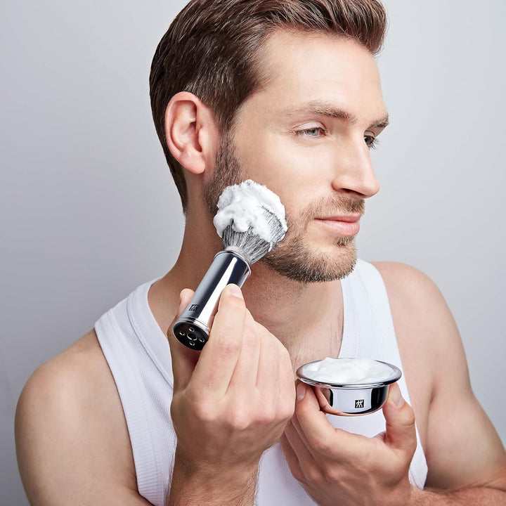 Travel Shaving Brush with Synthetic Hair for Travel, Vegan, Extra Easy Care and Soft Bristles, Silver
