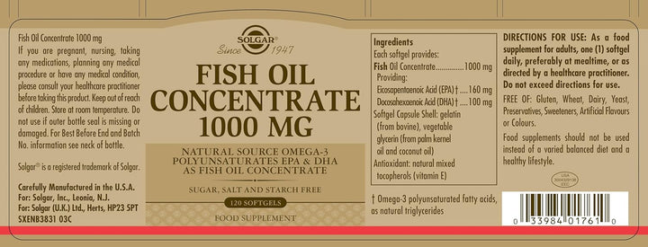 Fish Oil Concentrate 1000 Mg Softgels - Pack of 120 - Supports Normal Functioning of Heart, Brain Function and Vision - Daily Wellbeing - Gluten Free