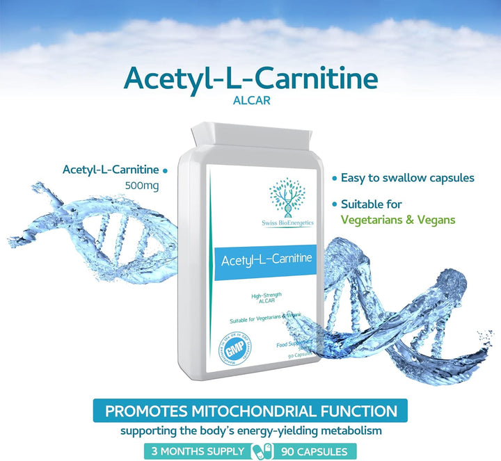 Acetyl-L-Carnitine 500Mg 90 Capsules - High-Strength ALCAR with No D-Carnitine - Made in the UK - Suitable for Vegans