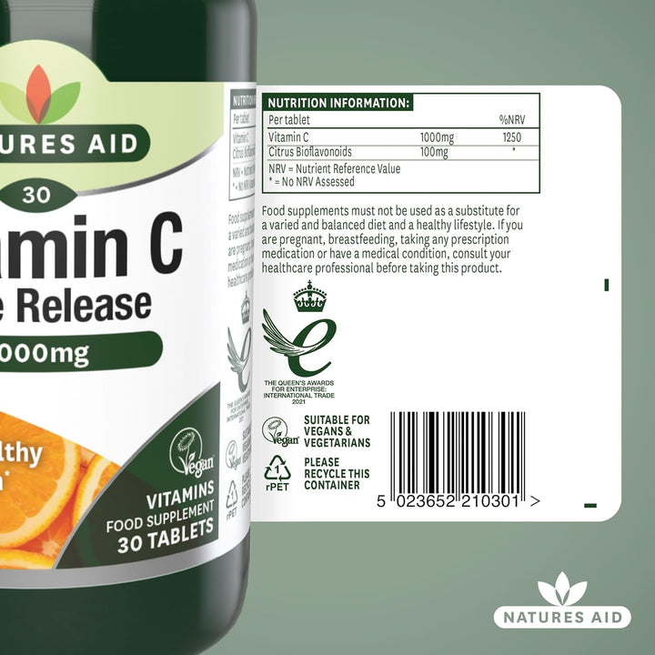 Vitamin C 1000Mg Time Release - High Strength with Bioflavonoids - Supports Immunity, Bones & Heart - Antioxidant - Vegan, Gluten-Free, Non-Gmo Supplement – 30 Tablets