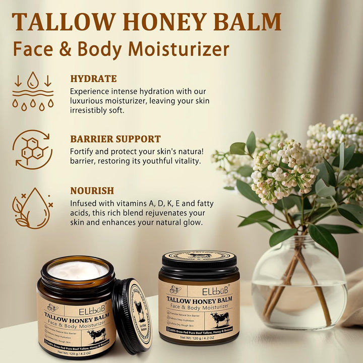 Whipped Tallow Cream for Face & Body - 100% Grass-Fed Beef Tallow, Natural Honey & Beeswax Moisturizer, Deep Hydration & Nourishment, Oil-Free & Unscented, Fast Absorbing
