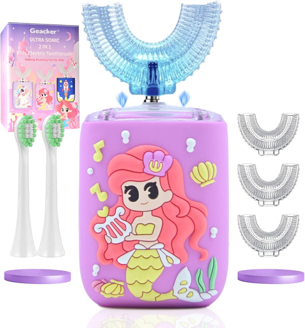 Kids Electric Toothbrushes, U Shaped Toothbrush Kids Sonic Automatic Brush with 5 Brush Head 6 Sonic Clean Modes IPX7 Waterproof Mermaid Design Rechargeable Smart Timer for Children 8-14