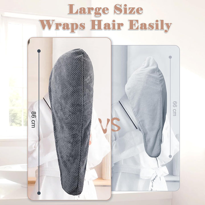 2-Pack Large Microfibre Hair Towel Wrap 86 X 26 Cm, Thicken Super Absorbent Hair Turbans for Wet Hair, Anti-Frizz Hair Drying Towel with Elastic Band for Women Long Thick Curly Plopping Hair