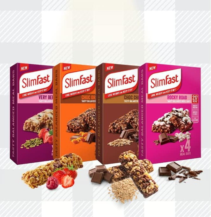 Slim Fast Bundle 16X60Gram Meal Bars in Choc Chip, Orange, Rocky Road and Very Berry Tasty,  for Weight Loss, High in Protein