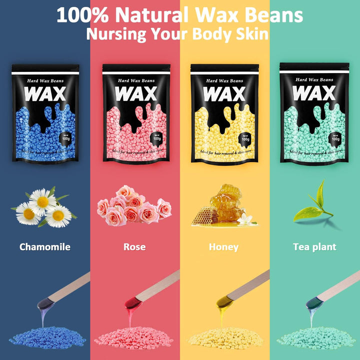 Hard Wax Beads, 4 X 100G Painless Wax Beans with 10 Applicators, Wax Beads Hair Removal for Stripless, Full Body, Face, Bikini, Brazilian, Hollywood