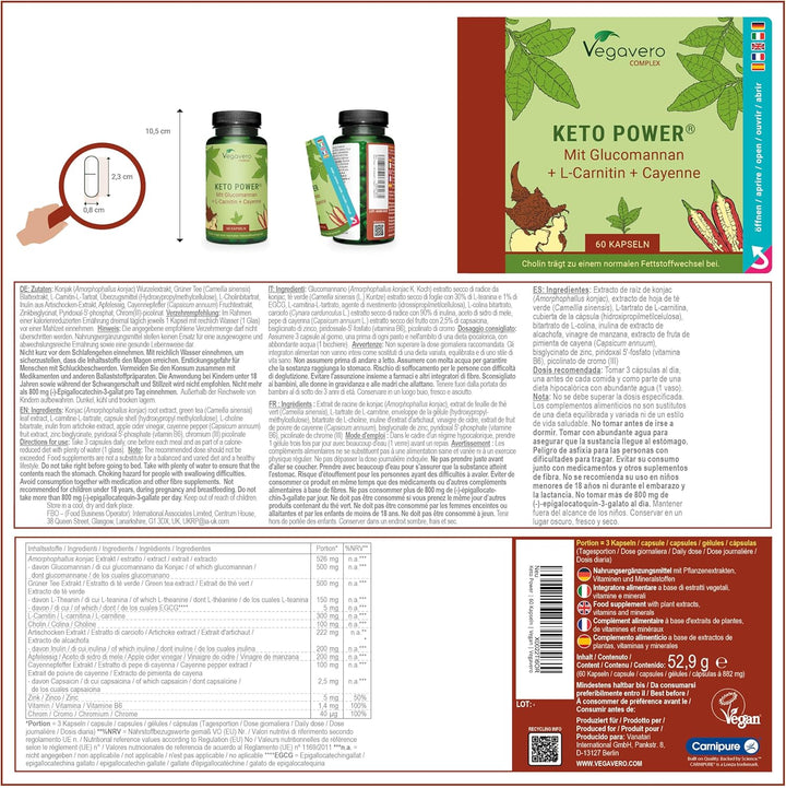 Keto Diet Supplement | with Glucomannan, Apple Cider Vinegar, Cayenne Pepper, Chromium Picolinate & Choline Bitartrate | 60 Keto-Capsules | NO Additives | Vegan