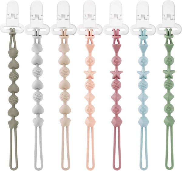 7 Pack Silicone , One Piece Design Pacifier Holder for Baby Boys & Girls, Teething Toys Teethers