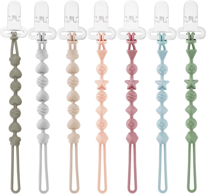 7 Pack Silicone , One Piece Design Pacifier Holder for Baby Boys & Girls, Teething Toys Teethers