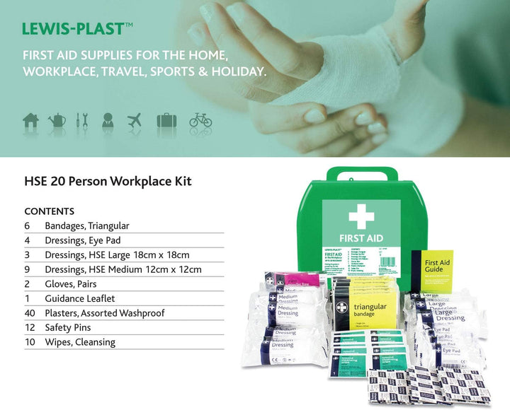 Lewist-Plast Premium Medium 11-20 Persons First Aid Kit Box - Complete with Integrated Carry Handle and Wall Mounting System, Ideal for Schools and Offices, Equipped with Emergency Supplies