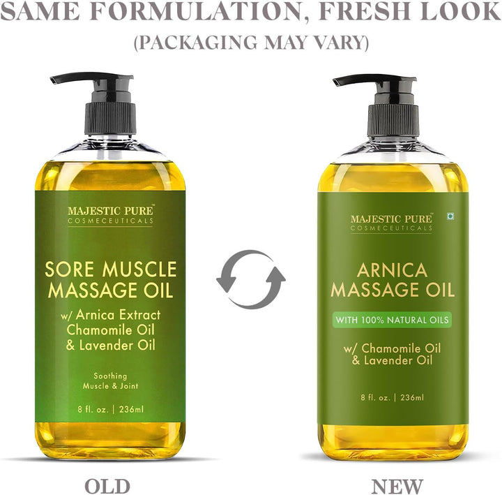 Arnica Sore Muscle Massage Oil for Massage Therapy - Natural Oil with Lavender and Chamomile Essential Oils - Multipurpose Instant Absorption Full Body Massage Oil - 8 Fl. Oz.