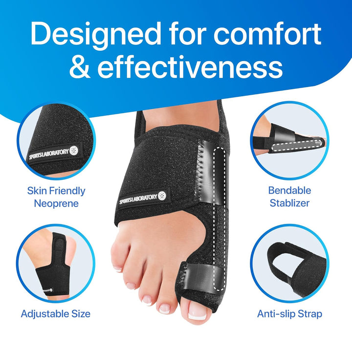 Bunion Corrector for Women and Men | Silicone Toe Separators | Toe Spacers | Toe Straighteners | Set: 2X Bunion Splints, 2X Big Toe Straighteners, 1X Bunion Relief Guide (Black)