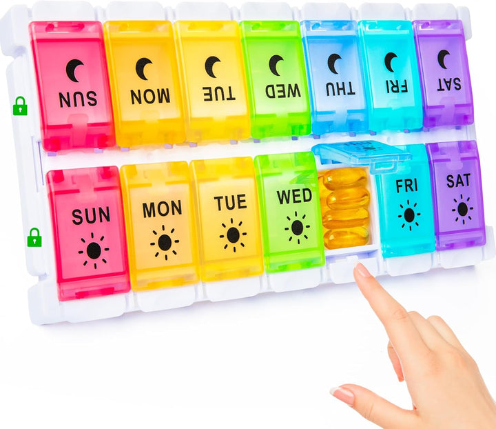 7 Day Pill Organiser 2 Times a Day, Weekly Pill Box Push Button 2 in 1 Design, Large Tablet Box for Travel, BPA Free Daily Pill Case, Pill Boxes 14 Day for Vitamin/Fish Oil/Supplements/Medication