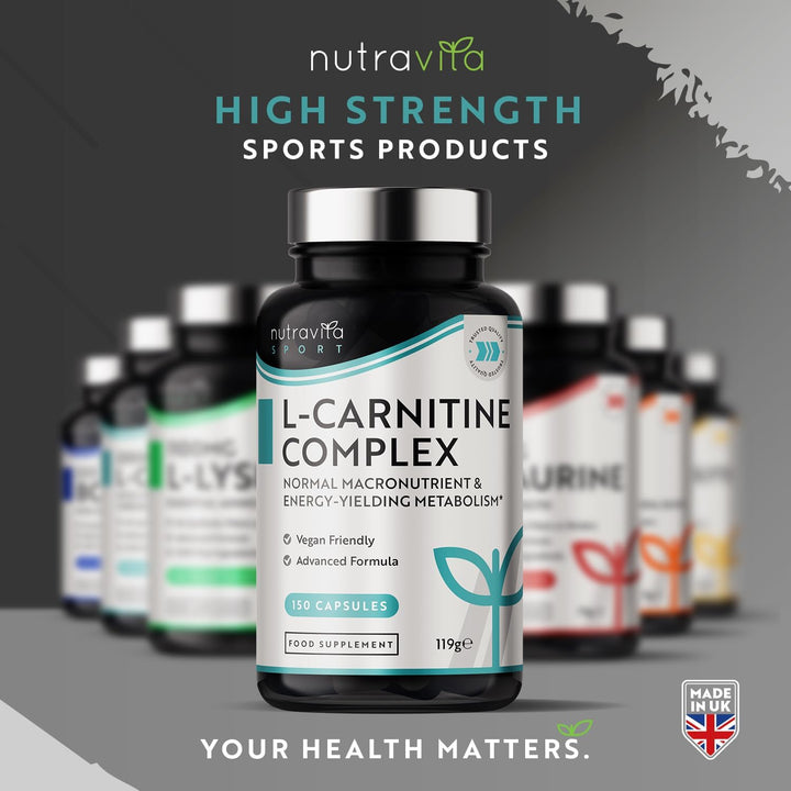 L-Carnitine Complex - High Strength Capsules with Added Riboflavin, Biotin, Chromium, Vitamin D, B3 & B6 - Macronutrient & Energy Yielding Metabolism - 150 Vegan Capsules - Made in the UK by