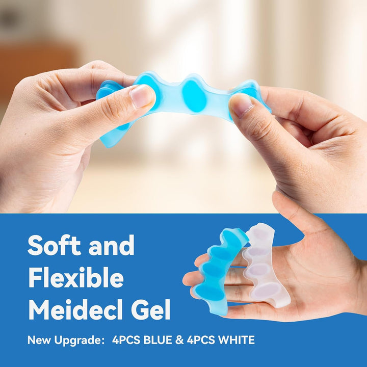 Toe Separators & Toe Spacers - 4 Pairs (Blue and Clear) - Soft Toe Straighteners for Bent Toes - Silicone Toe Separators for Overlapping Toes, Plantar Fasciitis, Hammer Toes & Claw Toes