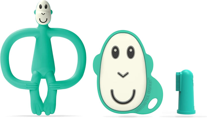 , Antimicrobial Teething Starter Set - 1 Flat Face Teether, 1 Animal Teether, 2 Silicone Finger Toothbrushes, 3 Months Old+, Gigi Giraffe