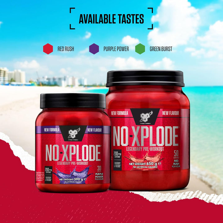 Nutrition N.O.-Xplode Pre Workout Powder Food Supplement, Energy and Focus Booster with Caffeine, Amino Acids, Vitamin C and Zinc, Red Rush Flavour, 50 Servings, 650 G