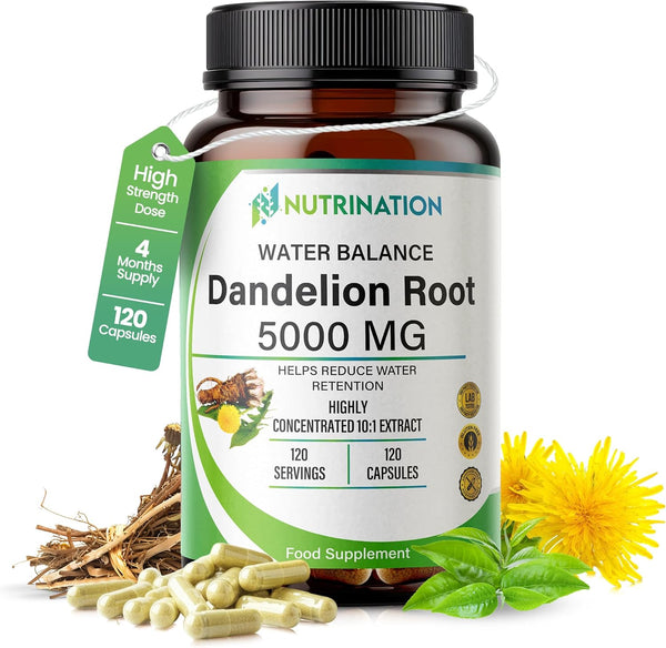 Water Retention Tablets - Dandelion Root Capsules 5000Mg | (4-Month Supply) 120 Vegan Capsules | High-Strength Herbal Supplement for Bloating, Detox & Fluid Balance | Non-Gmo & Lab-Tested