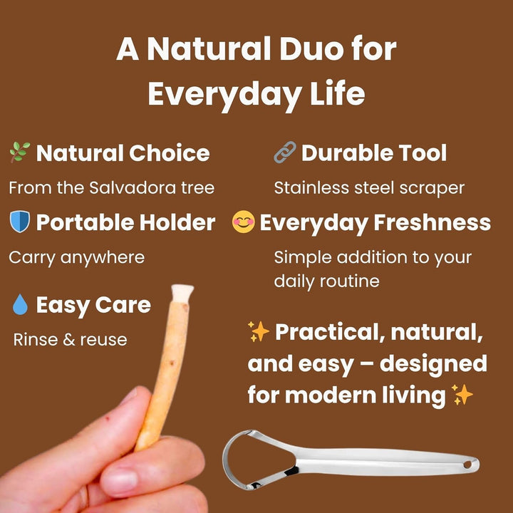 Miswak Stick Oral Care Kit – 2 Miswak with 2 Holders & 1 Stainless Steel Tongue Scraper | Tongue Cleaner for Adults | Eco-Friendly Fresh Breath Support