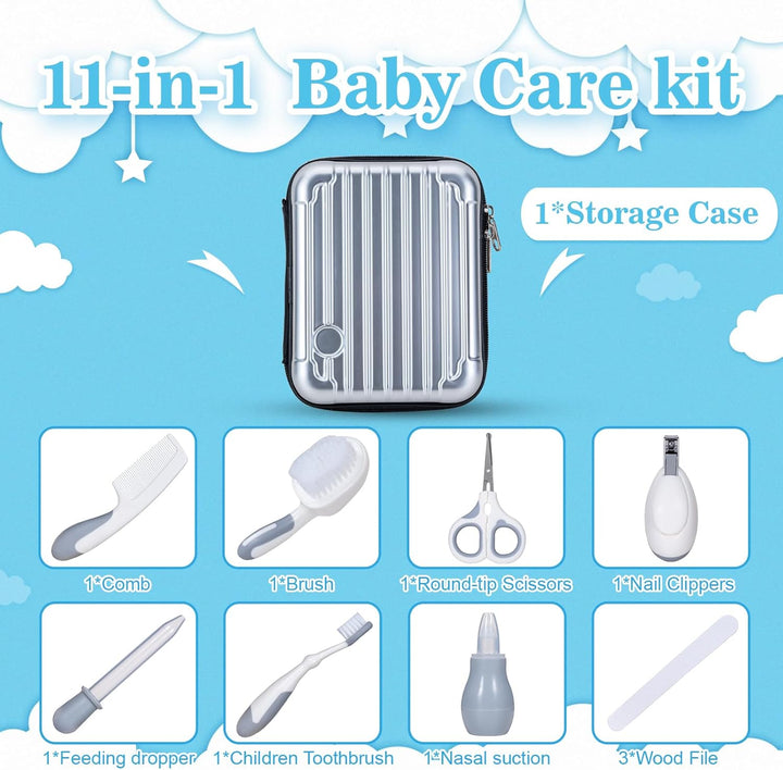 Little Angel Baby Healthcare and Grooming Kit, Safety Newborn Nursery Care Set, with Hair Brush Comb, Nail Clipper, Nasal Aspirator for Newborn Infant Baby Girls Boys White Gray