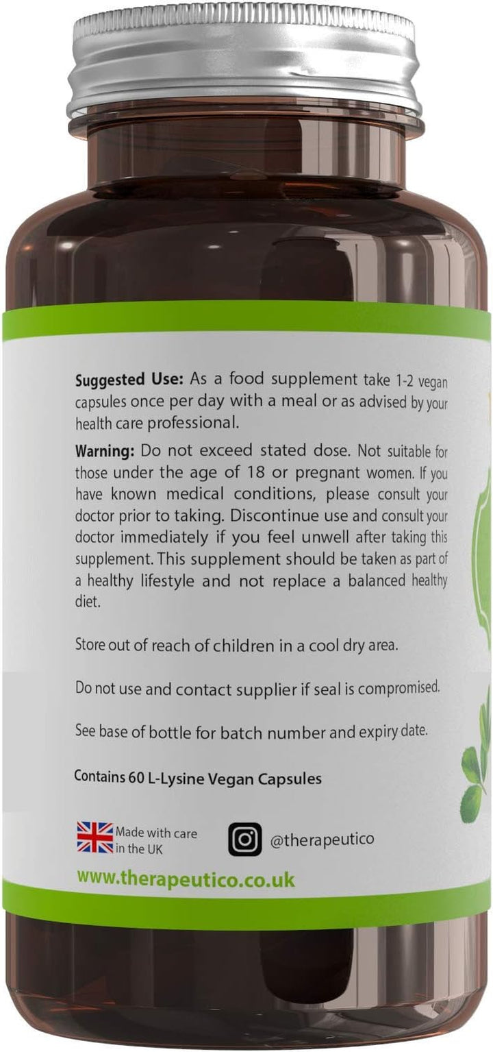 L-Lysine Capsules | Split Dose | 1000Mg Serving | Easy Swallow Capsules | 60 Vegan Capsules | UK Made | No Binders, Fillers, Additives