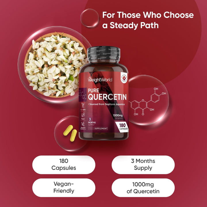 Quercetin Supplement 1000Mg - 180 Quercetin Capsules - 3 Months Supply - Sourced from Sophora Japonica - 2 Capsules per Day - Non-Gmo & Magnesium Stearate-Free - Vegan-Friendly Flavonoids Supplements