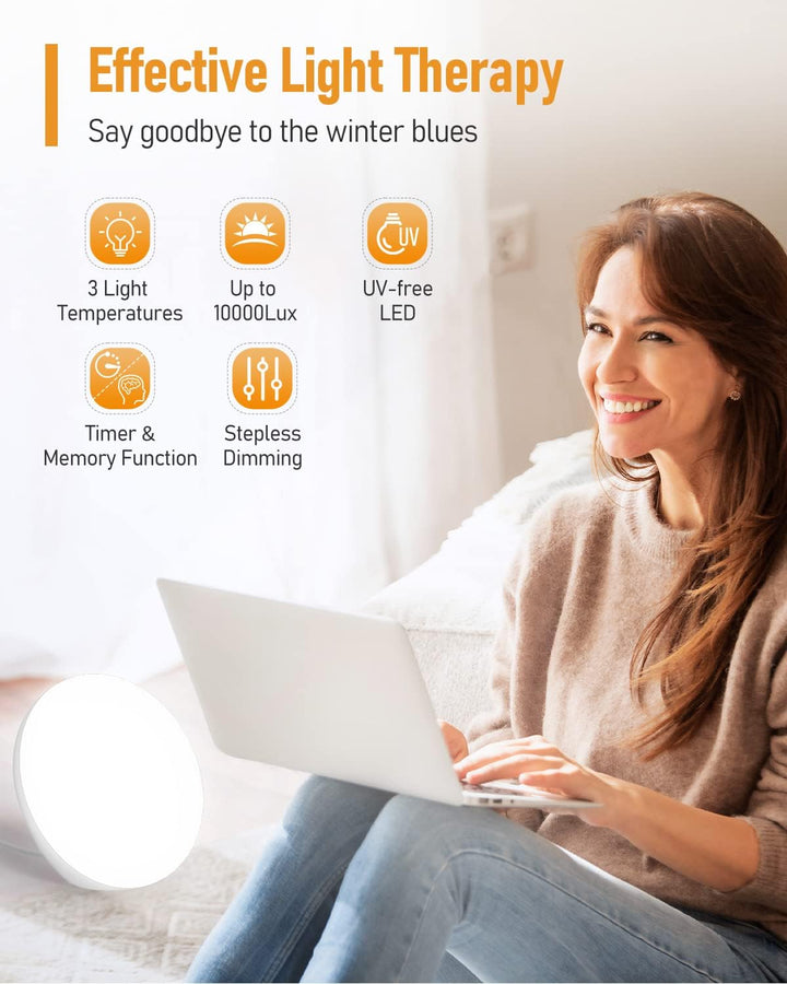 SAD Lamp,  10,000 Lux Light Therapy Lamp with 3 Color Modes, 4 Timer Settings, 5 Brightness Levels & Stepless Dimming, Full Uv-Free Natural Sunlight Lamp, Portable Daylight Lamp for Home/Office