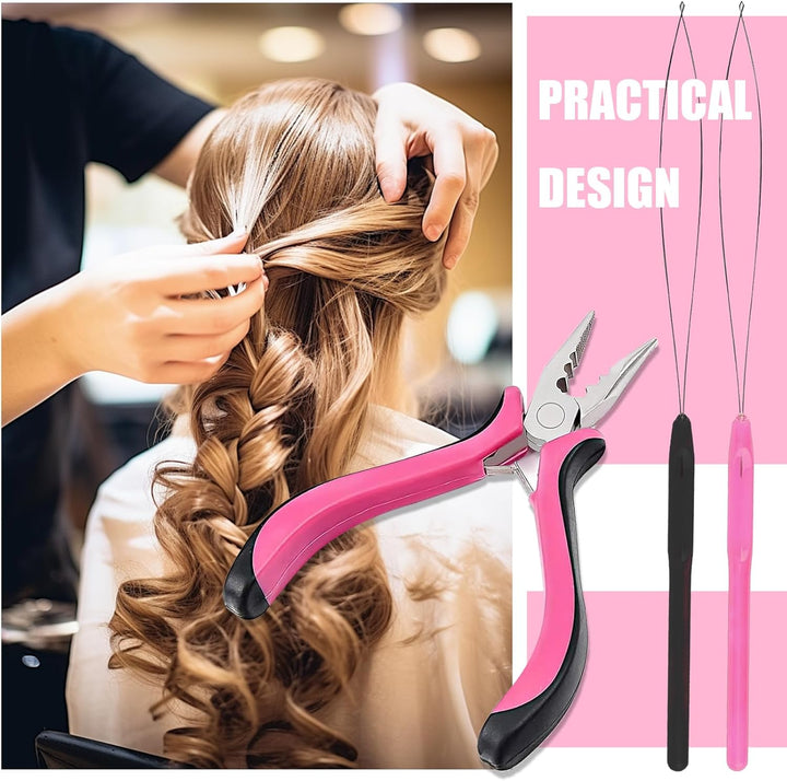 3Pcs Professional Nano Hair Extension Tools,Hair Extension Pliers Kit Includes 1 Plier&2 Loop Threaders,Nano Beads Hair Extensions Kit,Nano Bead Tool for Easy Hair Extension and Removal Tool