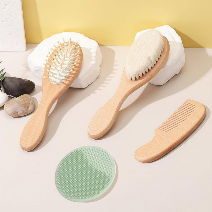 Baby Hair Brush and Comb Set - 4Pcs Toddler Hair Brush with Soft Bristles, Natural Wooden Handle Baby Grooming Kit for Newborns, Baby Essentials, Cradle Cap Brush