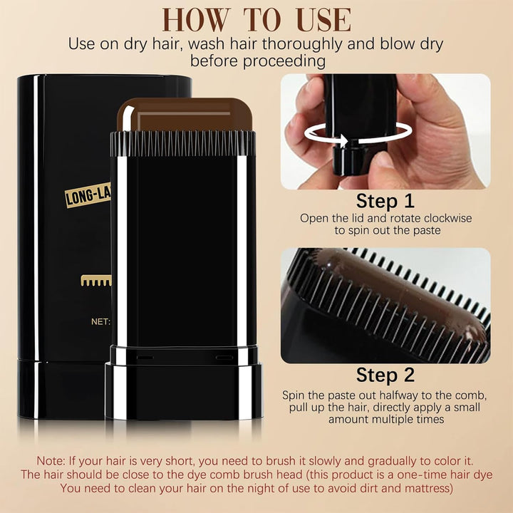 Safe and Convenient Hair Dye Comb, Waterproof Sweat-Proof Hair Dye Stick with Comb, 2-In-1 Quick Touch-Ups Dye Comb for Women & Men (Coffee)
