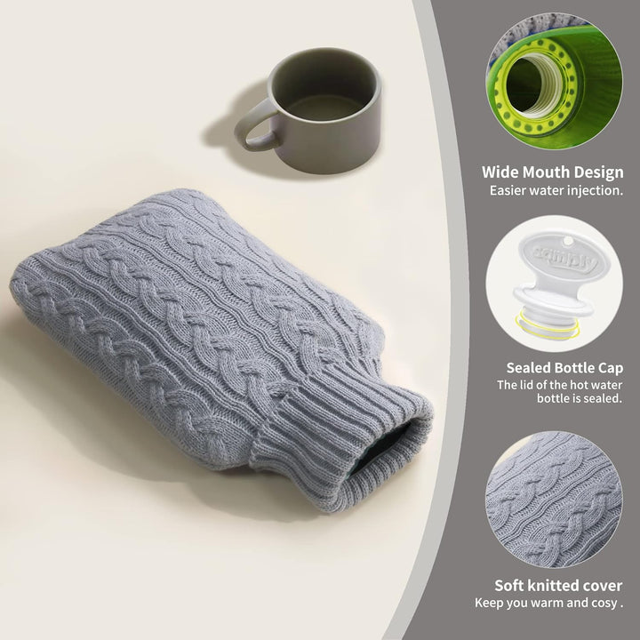 Hot Water Bottle with Knitted Cover, 2L Hot Water Bag for Hot and Cold Compress, Hand Feet Warmer, Neck and Shoulder Pain Relief, Gray