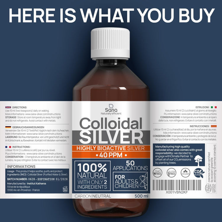 Colloidal Silver 40 PPM 500 Ml - for Humans & Dogs - Silver Water, Small Particles for Results - Carbon Neutral