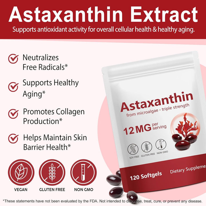 Astaxanthin Supplement 12Mg - 120 Softgels, Premium Astaxanthin Antioxidant Supplements, Fresh Microalgae Source | Supports Eye, Joint, Internal Circulation, Skin Health & Natural Tanning