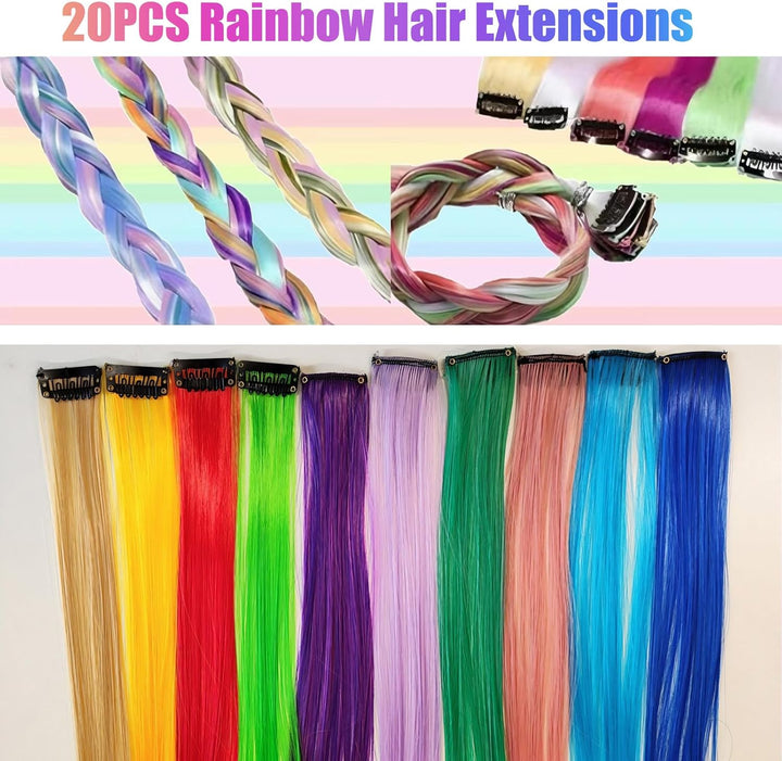 20PCS DIY Clip in Coloured Hair Extensions for Kids, Girls, Women - 22 Inch Silky Rainbow Straight Extensions, 10 Colours for Party Highlights and Crazy Hair Day