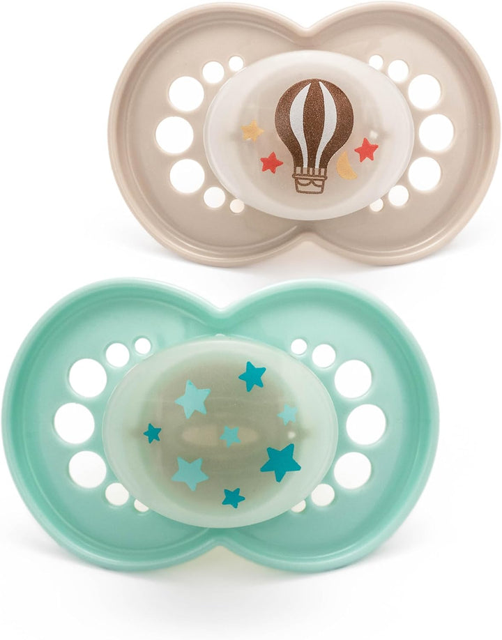 Latex Original Night Soothers | 0-6 Months | Glow in the Dark Dummies | Comes in Dummy Steriliser Case | Baby Accessories for Newborn | Green/Cream (Various Designs)