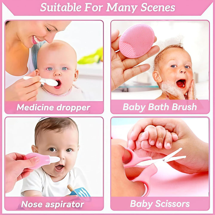 Baby Healthcare and Grooming Kit, 26 in 1 Portable Baby Safety Care Set with Hair Brush Comb Nasal Aspirator Electric Nail Trimmer Set Baby Essentials Kit for Newborn Boys Girls (Pink)