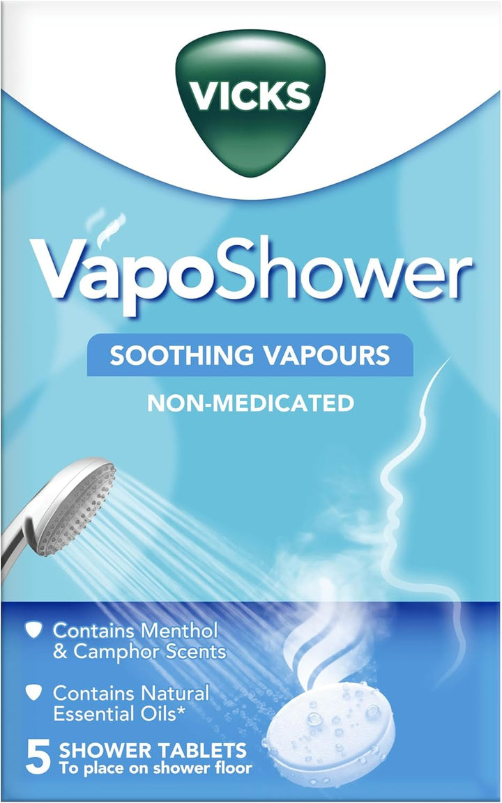 Vapo Shower - Shower Tablets with Soothing Vapors – Infused with Menthol and Camphor Scents– Contains Natural Essential Oils: Eucalyptus, Nutmeg and Cedar Leaf – Non Medicated Vapors - 5 Tablets