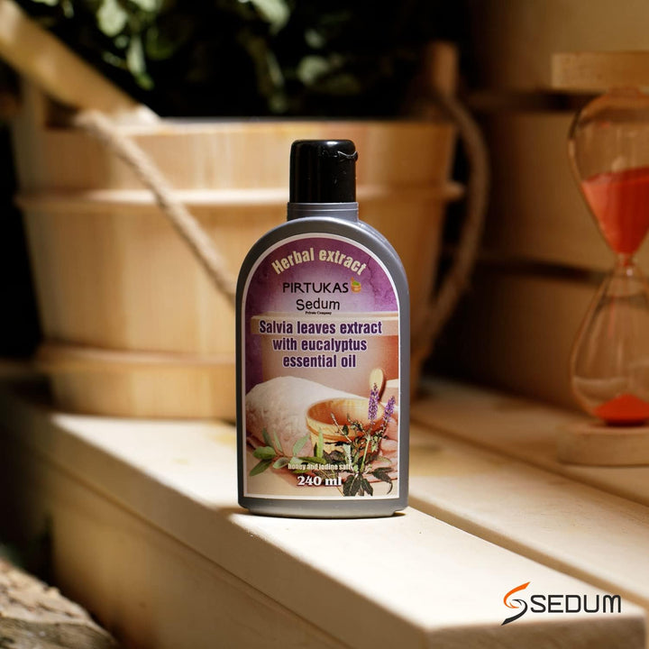 Natural Herbal Extract for Sauna, Massage, Broom Soaking - Sauna Infusion with Salvia Leaves Extract with Eucalyptus Essential Oil, Honey and Iodine Salt - 240Ml