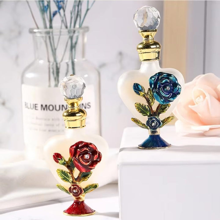 Decorative Refillable Empty Bottles,Metal Base Heart-Shaped Rose Essential Oil Glass Bottle for Home Decor (Style 1)
