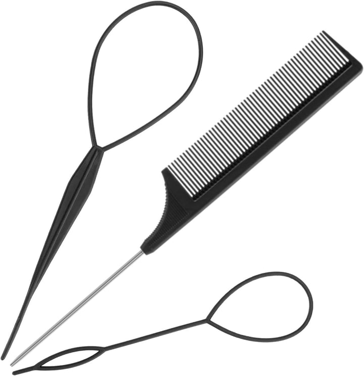 3Pcs Topsy Tail Hair Tool, Hair Braiding Tool French Braid Loop Tool, Rat Tail Comb Fast Hair Styling Accessories (Black)