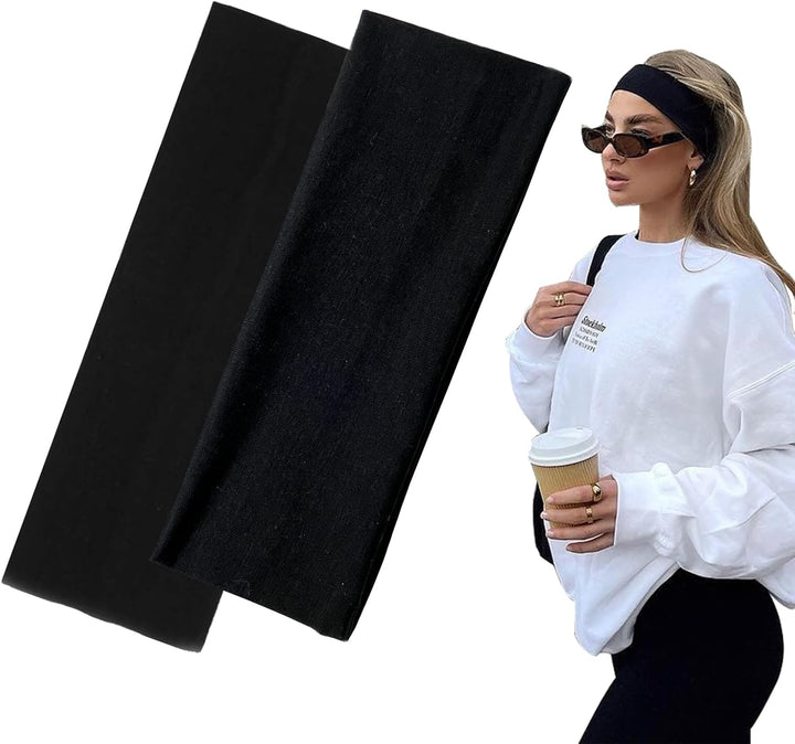 7Cm Wide Black Headbands for Women Men,  2Pack Fashion Head Bands for Women'S Hair, Soft Fabric Stretchy Hair Bands for Makeup, Yoga, Running (2Xblack)