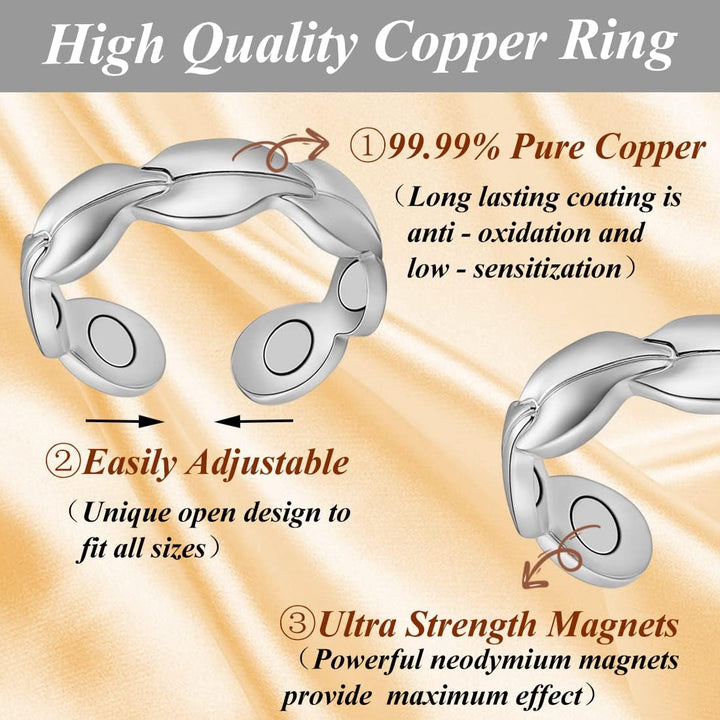 Lymphatic Drainage Magnetic Rings for Women - Copper Ring Finger Thumbs 7X Strength - Adjustable Solid Pure Copper with Present Box (Silver)