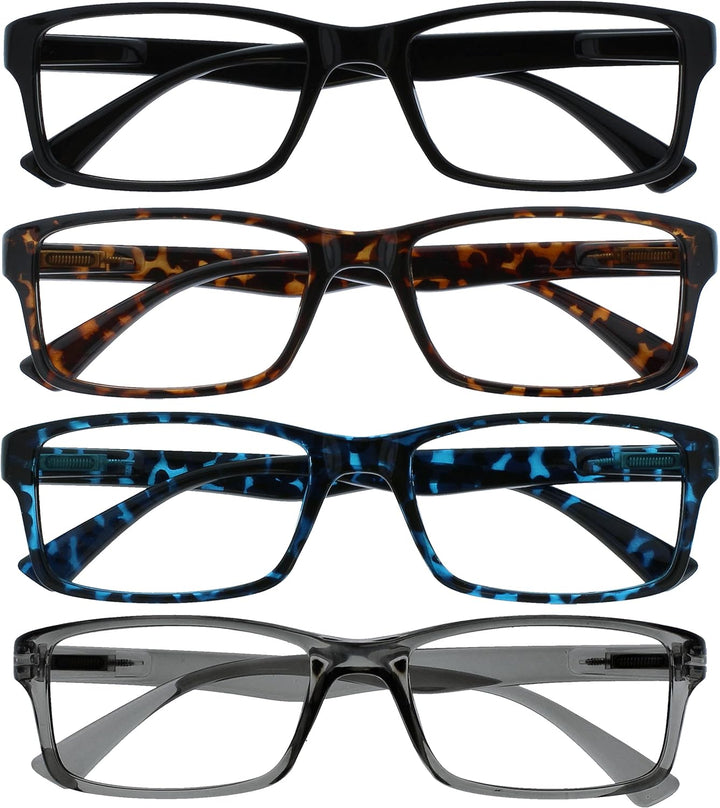 PEP Classic Reading Glasses for Women Men, Scratch Resistant Rectangular Frame with Spring Hinges, Black +1.5 (Pack of 4)